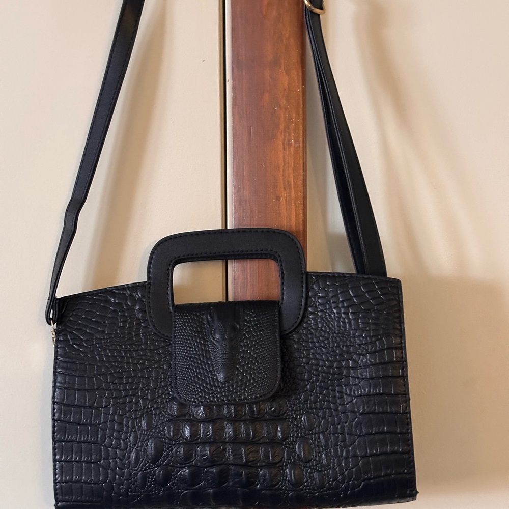 Black Croc-Embossed Shoulder Bag with Top Handle - Picture 5 of 8